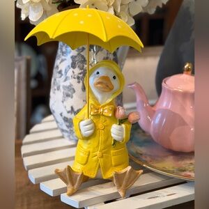 Yellow 10” Rain Duck Figurine. Umbrella | Polka Dot | EUC | Whimsical | Kitschy